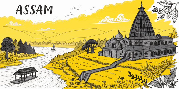 Hand Drawn Sketch of Assam with Kamakhya Temple, Kaziranga Rhino, Tea Gardens and Cultural Bihu Dancers &ndash; Traditional Indian Line Art for Tourism and Print Use