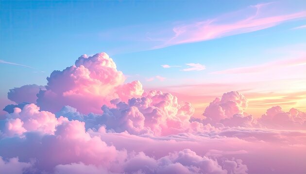 Fluffy pink and blue clouds at sunrise with soft golden light illuminating the sky creating a serene atmosphere a breathtaking celestial landscape view from above.