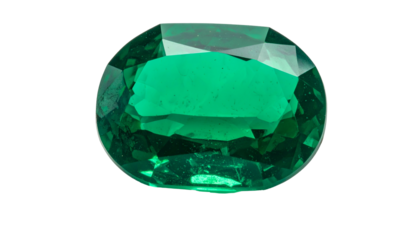 Faceted oval emerald gemstone with vibrant green color