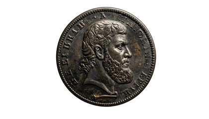 Antique coin with bearded profile, inscribed around rim