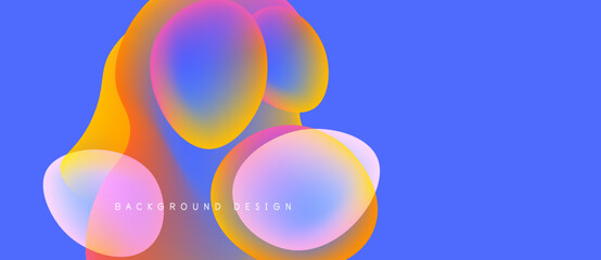 Abstract colorful shapes overlap on blue background. Gradient hues create modern visual effect. Design feels fluid, dynamic.