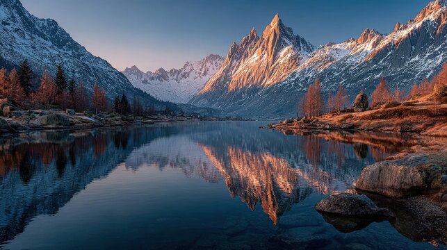 Drone shot of a tranquil lake at dawn mirror-like surface reflecting towering snowy peaks in the scenic landscape