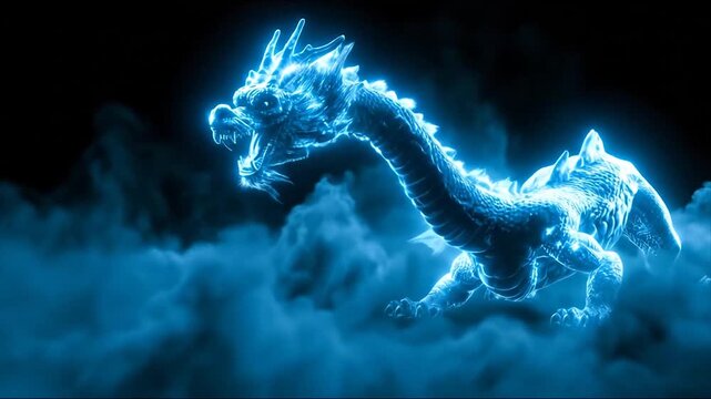 Glowing blue dragon fantasy illustration on a dark background