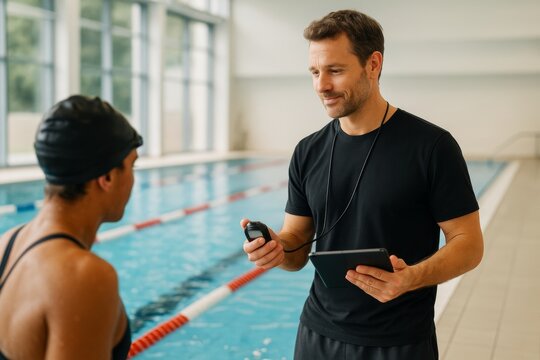 Swimming coach timing athlete with stopwatch and digital tablet at indoor pool during training session, bright light background, concept of sports. Ai generative
