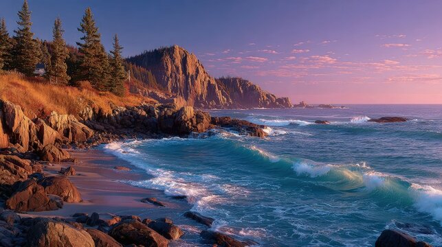 Misty ocean scenic landscape at dawn soft pastel hues blending with gentle waves rolling onto a secluded rocky shore