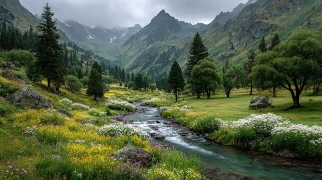Lush emerald valleys surrounded by steep mountain slopes scenic landscape with a winding river and blooming spring flowers