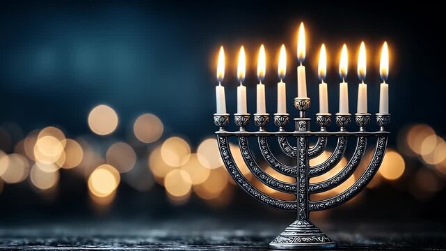 Hanukkah Menorah with Glowing Candles and Warm Bokeh Lights