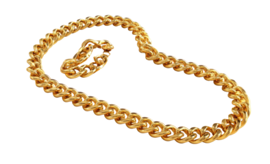 Gold chain necklace and bracelet.  A large, gold-colored chain necklace, with a smaller, matching bracelet attached