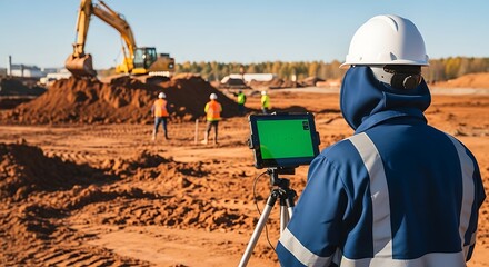 Fototapeta premium Construction worker using tablet at a construction site with heavy machinery.