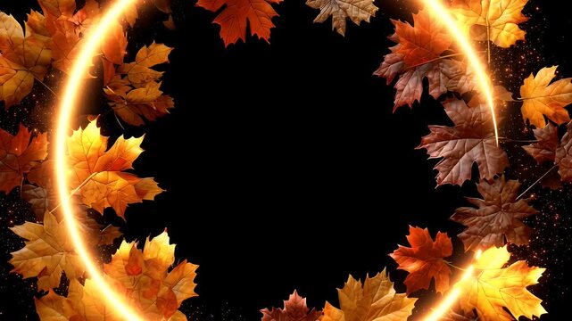 Autumn leaves wreath with golden glowing particles