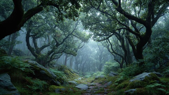 Mystical foggy forest scenic landscape ancient twisted trees shrouded in mist beams of light piercing through the dense woodland