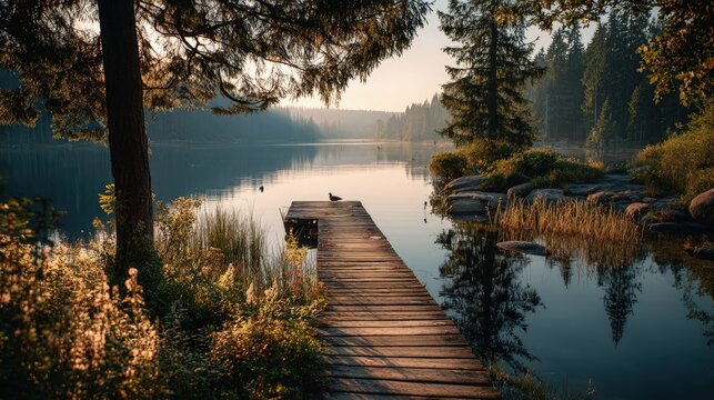 Rustic lakeside landscape wooden dock stretching into still water morning sun casting long shadows birds chirping peaceful vibe