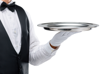 Close-up of a waiter holding a silver tray