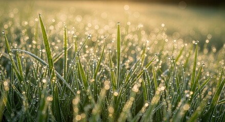 Green grass with dew drops in a field at sunrise.