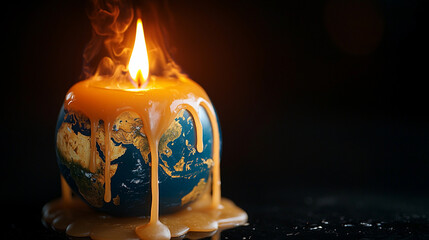Melting earth globe candle burns brightly in dark space Generative AI