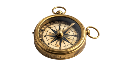 Antique brass compass with a direction arrow over a black backdrop