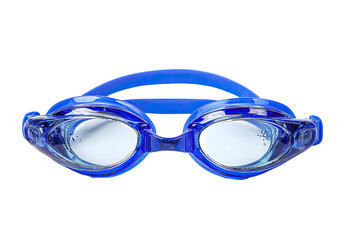 Fototapeta premium Top-down view of bright blue swimming goggles. Clear lenses, a smooth, glossy finish, and adjustable straps are visible