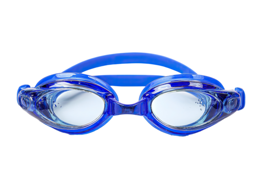 Top-down view of bright blue swimming goggles.  Clear lenses,  a smooth,  glossy finish, and  adjustable straps are visible