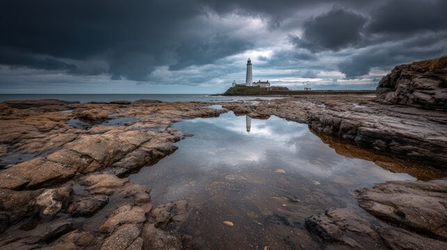 Stormy coastal landscape dramatic clouds and lighthouse mirrored in tidal pools beautiful moody contrast of light and dark water