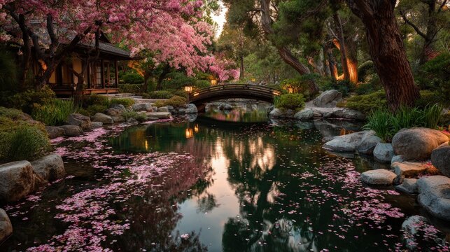 Japanese garden landscape with koi ponds cherry blossom petals floating on water beautiful reflection of arched bridges and lanterns