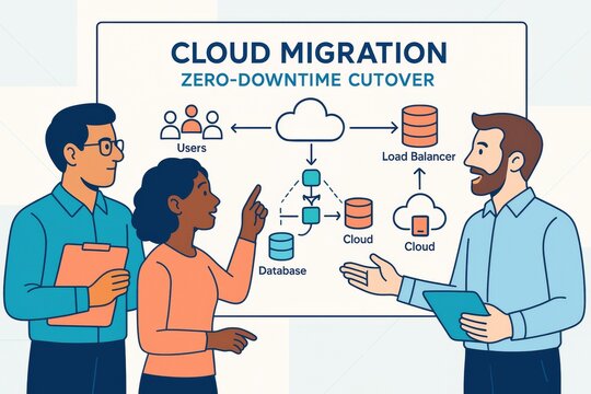 Cloud migration zero-downtime cutover concept with professionals discussing infrastructure diagram on light abstract background. Ai generative. Ai generative