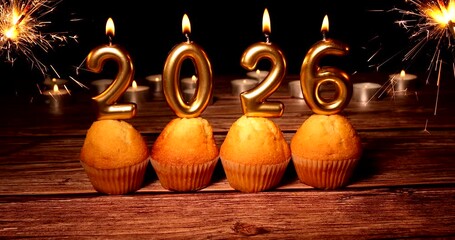 Muffins with candles forming 2026 flicker warmly as the year ends, rustic wooden table and glowing candles in the dark background. - Powered by Adobe