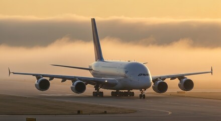 Naklejka premium Airplane on Runway at Sunrise with Misty Background