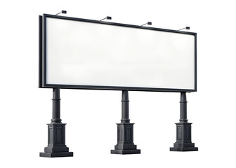 Obraz premium A large blank white rectangular billboard with a dark border and overhead spotlights stands on three classic ornate pillars, transparent png isolated.