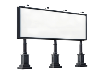 A large blank white rectangular billboard with a dark border and overhead spotlights stands on three classic ornate pillars, transparent png isolated.