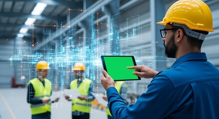 Engineers Using Tablet in Modern Warehouse with Futuristic Technology Overlay.