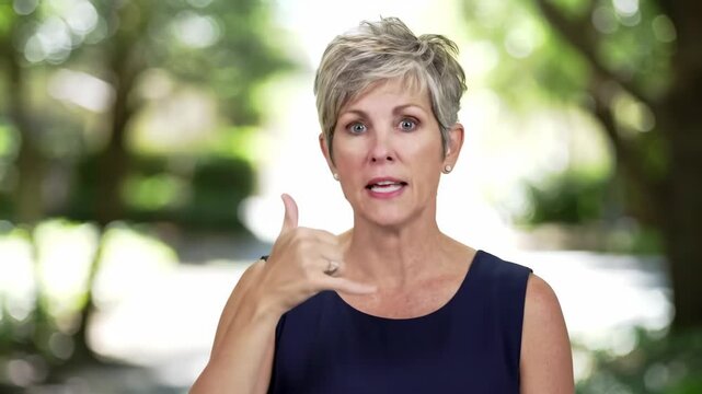 Woman makes gesture for a phone call with a smile.