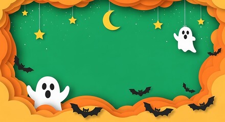 Halloween background with ghosts, bats, moon and stars illustration.