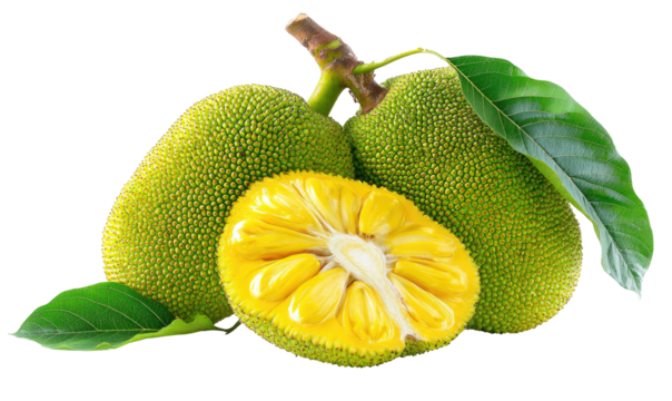 Two whole jackfruit and a slice, vibrant green and yellow.  Fresh tropical fruit with leaves