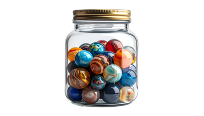 Glass jar tightly packed with colorful, swirling marbles