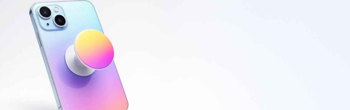 Gradient smartphone with colorful pop socket on clean light background, modern tech accessory mockup with copyspace for promotion or design template. Ai generative