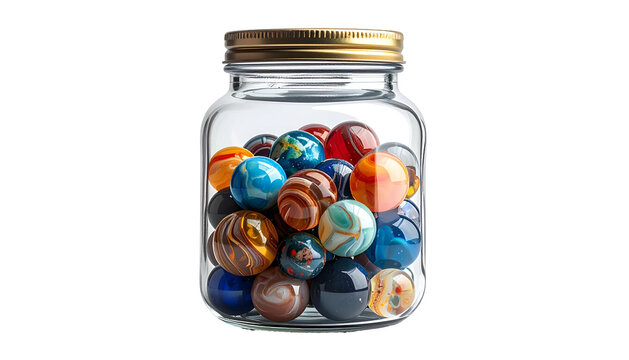 Glass jar tightly packed with colorful, swirling marbles