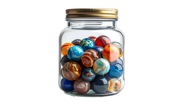 Glass jar tightly packed with colorful, swirling marbles