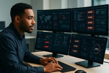 Cybersecurity analyst monitoring threat alerts on multiple screens in a modern office environment during daytime with soft light background. Ai generative