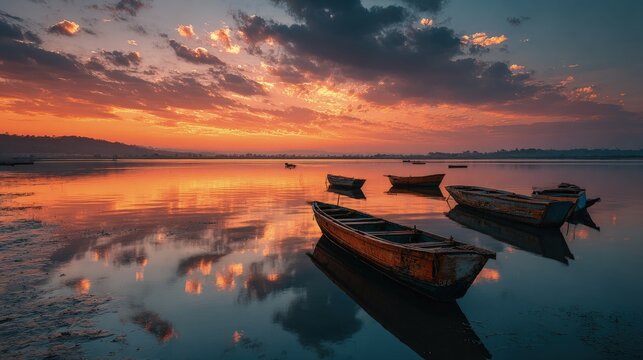 Sunset over a wide river scenic landscape with silhouetted fishing boats and warm orange reflections on water