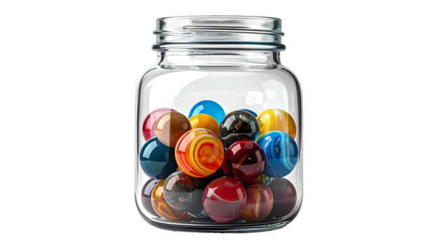 Jar of colorful, swirling glass marbles against a dark background