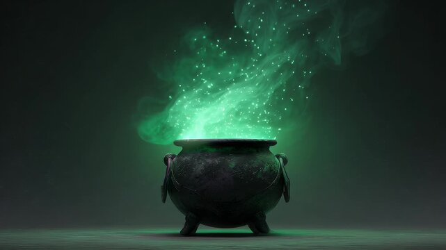 Mystical cauldron with glowing green magical smoke