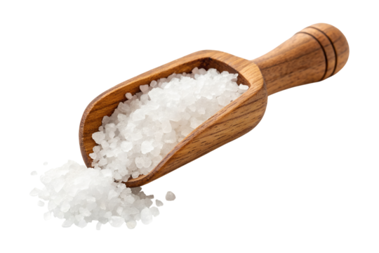 A natural wooden scoop holds a large amount of white coarse sea salt, with some crystals spilling out, transparent and isolated png.