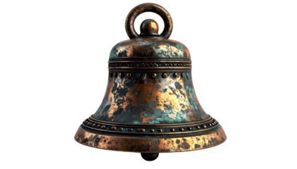 Worn, ornate bronze bell against a black backdrop