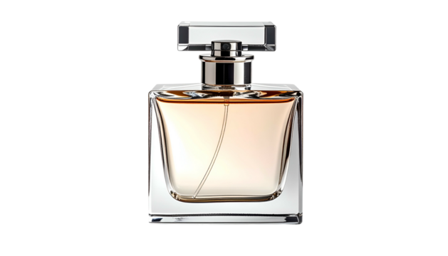 Rectangular glass perfume bottle with clear cap and amber liquid