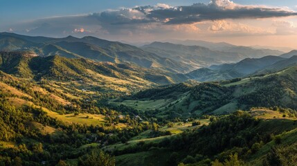 Obraz premium Panoramic view of the green mountains and hills at sunset landscape beautiful