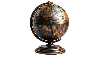 Antique, copper-toned globe with stand against black background