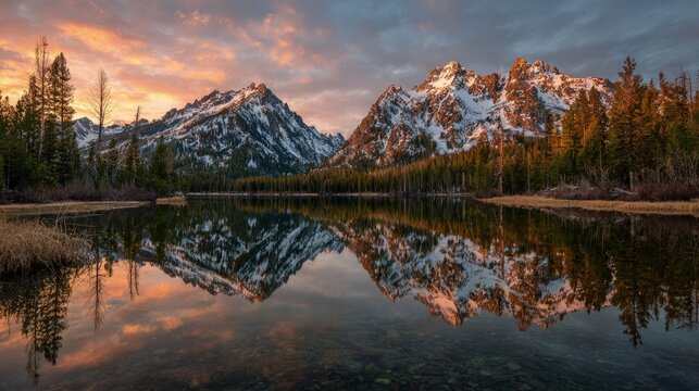 Serene mountain landscape at dusk a perfectly still lake mirroring snow-capped peaks beautiful reflection doubling the golden sunset colors