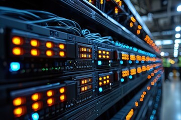 Naklejka premium Modern data center servers with glowing lights and network cables for cloud computing, cybersecurity, and technology infrastructure