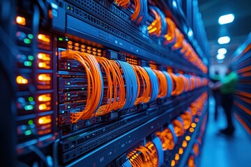 Modern data center with orange network cables and server racks in hightech facility, blurred technician background
