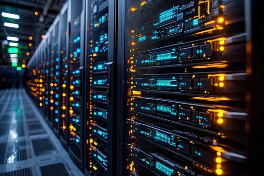 Modern data center server racks with colorful led lights and advanced networking technology for cloud computing